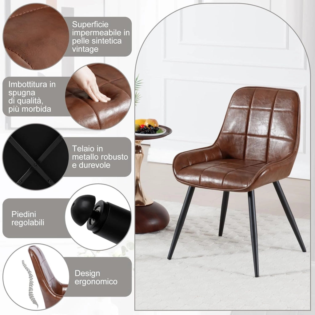Set di 6 Sedie da Pranzo con Schienale Curvo, Sedie Ergonomiche in similpelle e Metallo, Poltroncina imbottita per Salotto, Ufficio, Camera da Letto, marrone BH332br-6