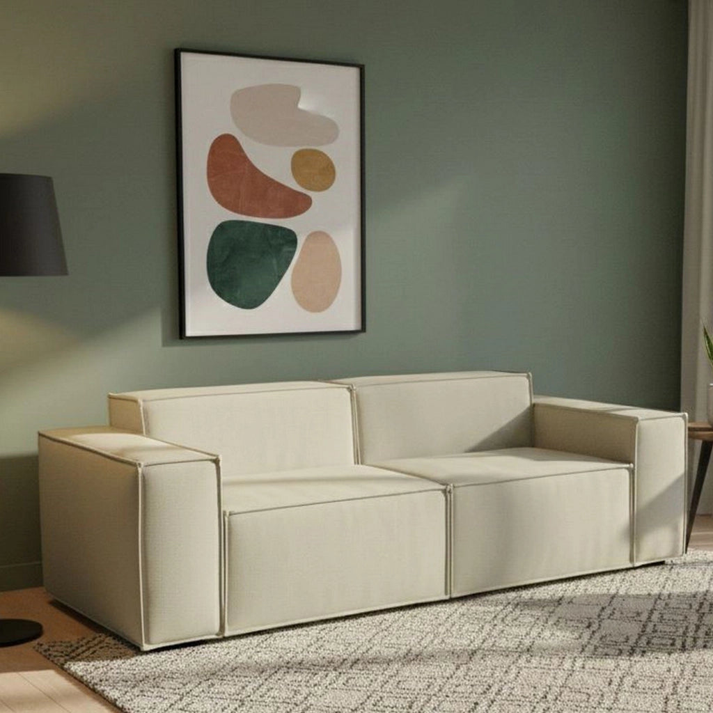 Divano fisso Lepidolite, Divano componibile a 2 posti lineare, Made in Italy, SofÒ  moderno da soggiorno in tessuto, Cm 220x95h70, Beige