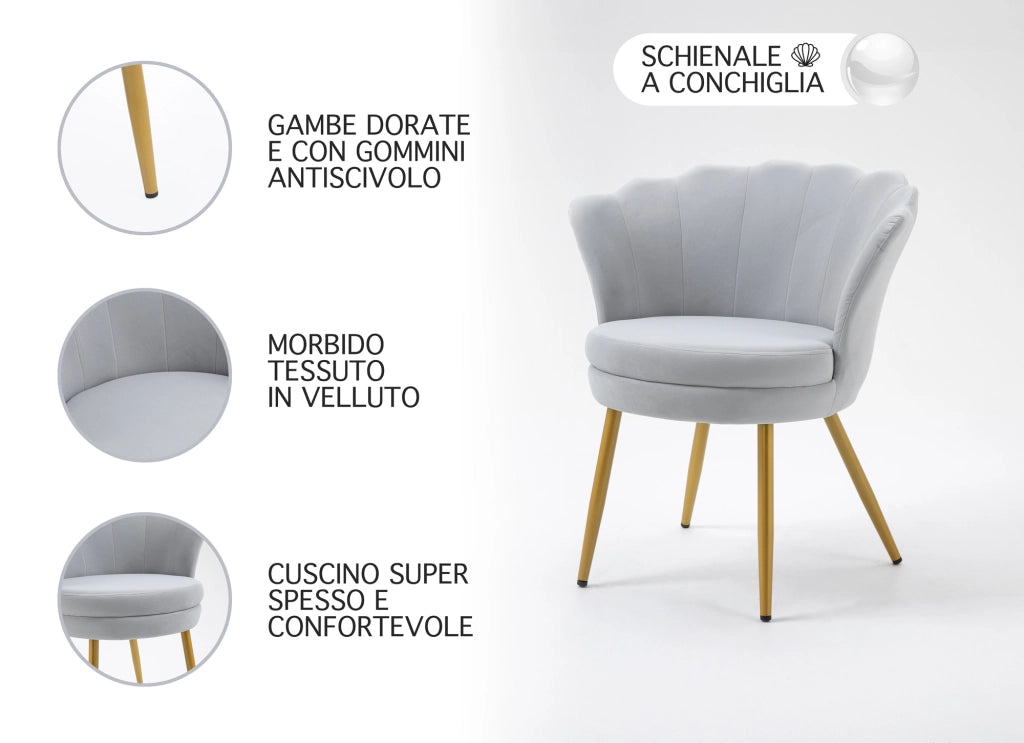 Poltrona Conchiglia Camera da Letto in Velluto Design Moderno Maddina Grigio