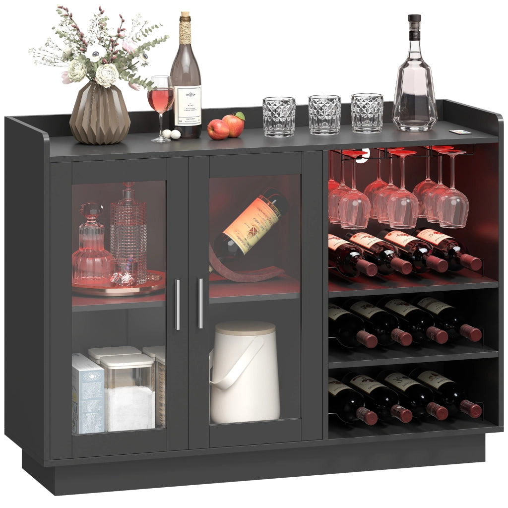 Mobile Portabottiglie con Luce LED e Scaffale Regolabile, in Legno e Vetro, 120x38x88 cm, Nero