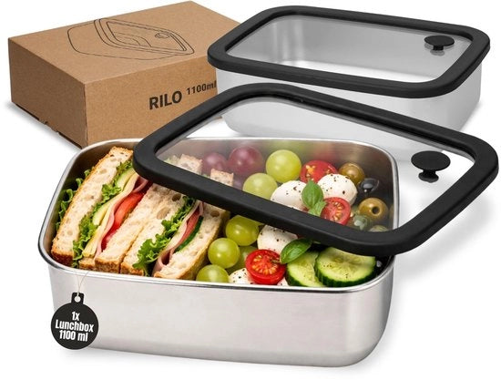 Lunchbox 1100 ml - Acciaio Inossidabile - Coperchio in Vetro - Imbottito - Stivabile - Utilizzo Sostenibile - Contenitore per Cibo