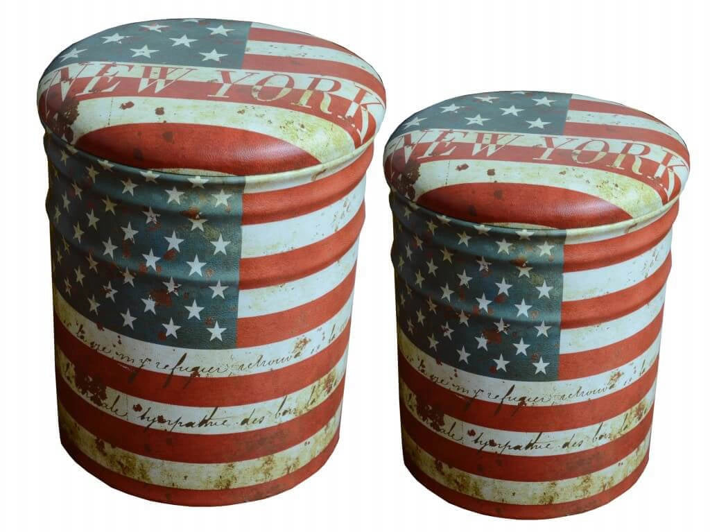 SET DI 2 POUF CONTENITORE TONDI MULTIFUNZIONALI CON STAMPA USA