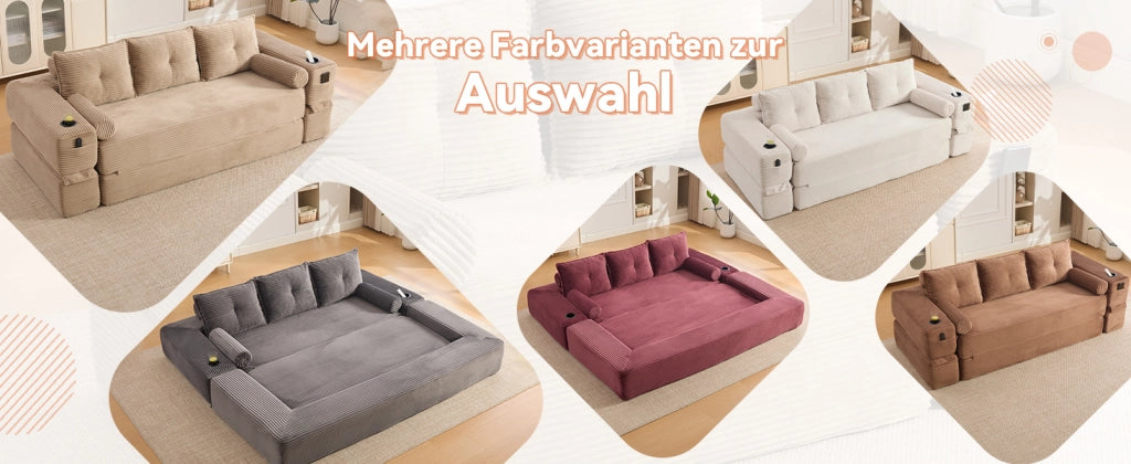 Divano convertibile modulare con cuscini in memory foam, tasche laterali e portabicchieri, in tessuto a coste khaki