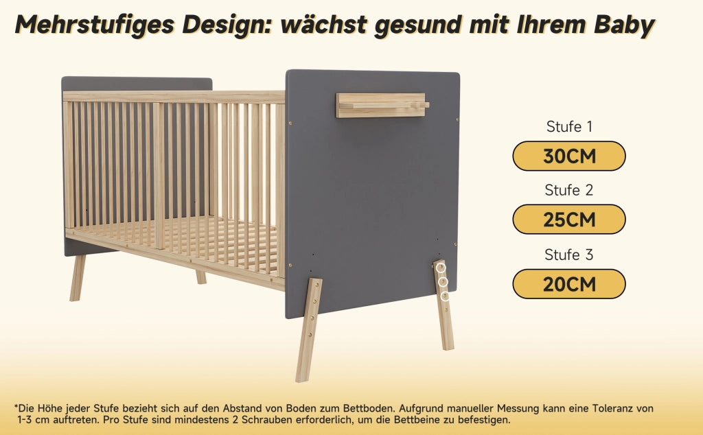 Letto per bambini 70 × 140 cm con altezza regolabile a 3 livelli, lettino laterale e divano letto, senza materasso, in legno massiccio, blu grigio