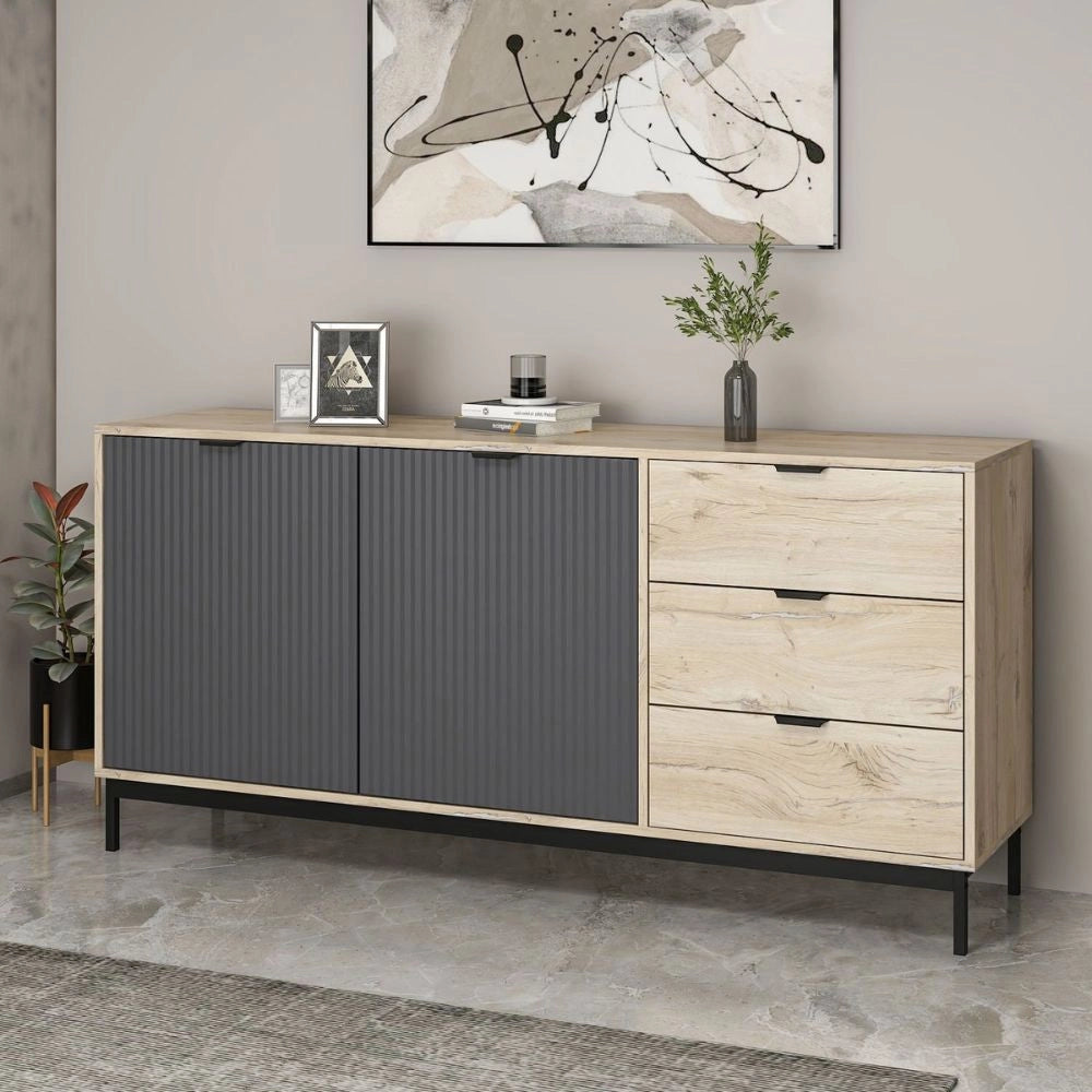 Madia Esta rovere chiaro e antracite con effetto cannettato 180x45x90H