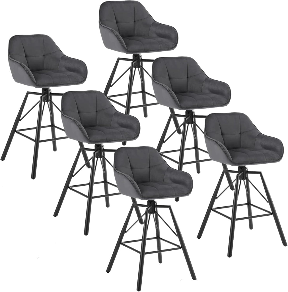 6 Pezzi Sgabello da Bar con Poggiapiedi, Sedia da Cucina con Sedile Girevole, Sgabello Alto con Schienale e Braccioli, Seduta in Velluto e Gambe in Metallo, Nero, BH397sz-6