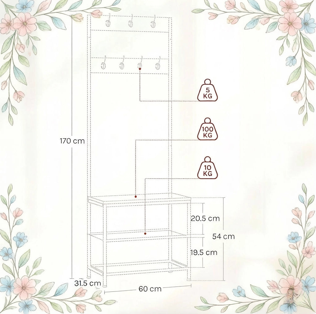Appendiabiti da ingresso 3 in 1 con scarpiera e panca; 60 x 31;5 x 170 cm; bianco; metallo e legno