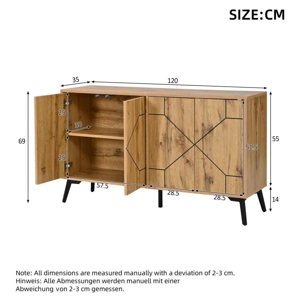 Sideboard moderno in MDF effetto rovere con 4 ante, 120×35×69 cm