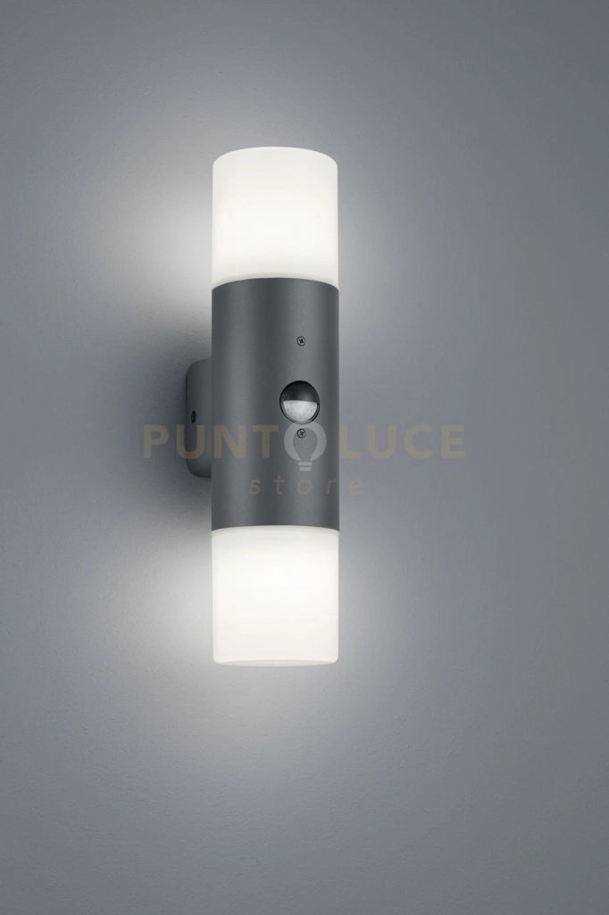 HOOSIC APPLIQUE LED CILINDRO ANTRACITE E DOPPIO DIFF. BIANCO CON SENSORE DI MOVIMENTO H.33 CM 2 LUCI ATTACCO E27
