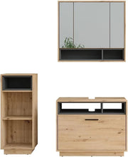 Set di mobili da bagno Beatrice, Rovere artigianale/antracite, 80 cm, composto da mobile sottolavabo, specchiera e mobile medio