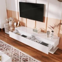 Mobile TV bianco lucido con pavimenti in vetro e illuminazione a L, Bianco