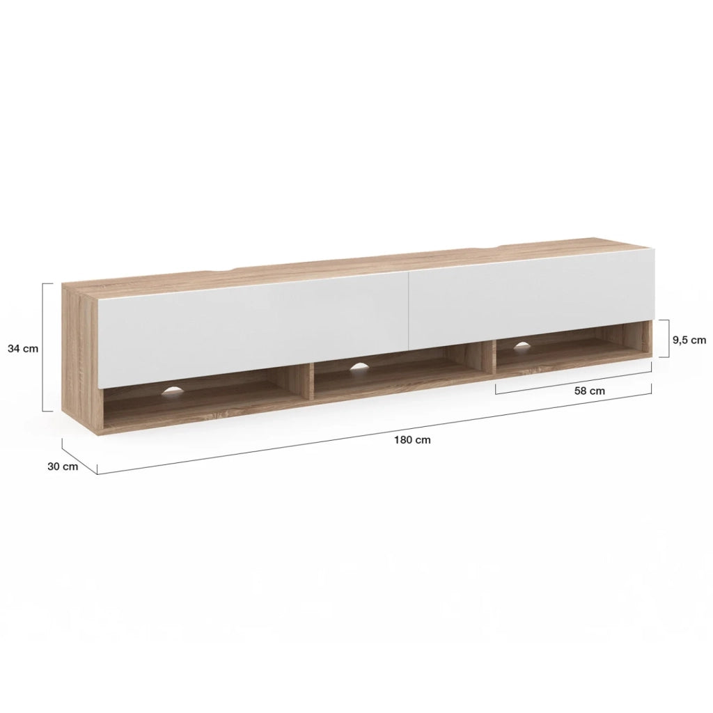 IDMarket - Mueble TV suspendido ELIO 2 puertas con estantes de madera y blanco 180 cm