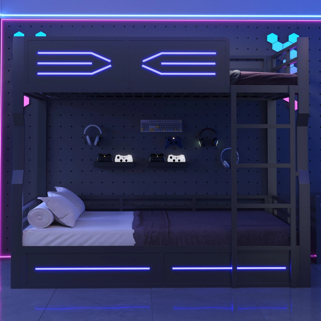 Letto a castello 140×200 cm con LED; scala e sponde di sicurezza; senza materasso; metallo; nero