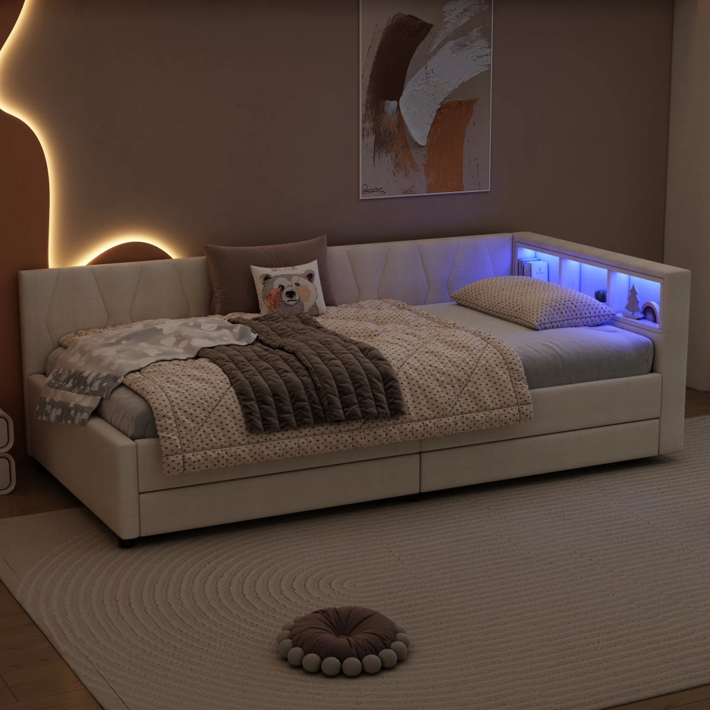 LETTO daybed 90x200 cm in lino beige con LED, USB e 2 cassetti