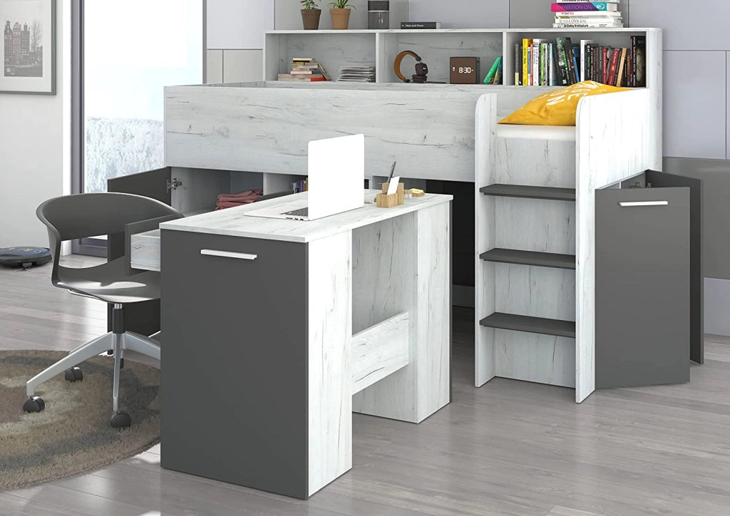 LETTO ARMADIO CASSETTIERE  BAMBINI NEO cm206x120x138h BIANCO GRAPHITE