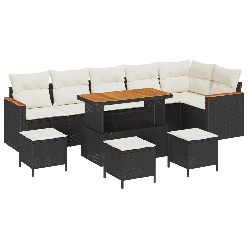 Set Divano da Giardino con Cuscini da 10 Pezzi in Rattan Polivalente Nero e Acacia