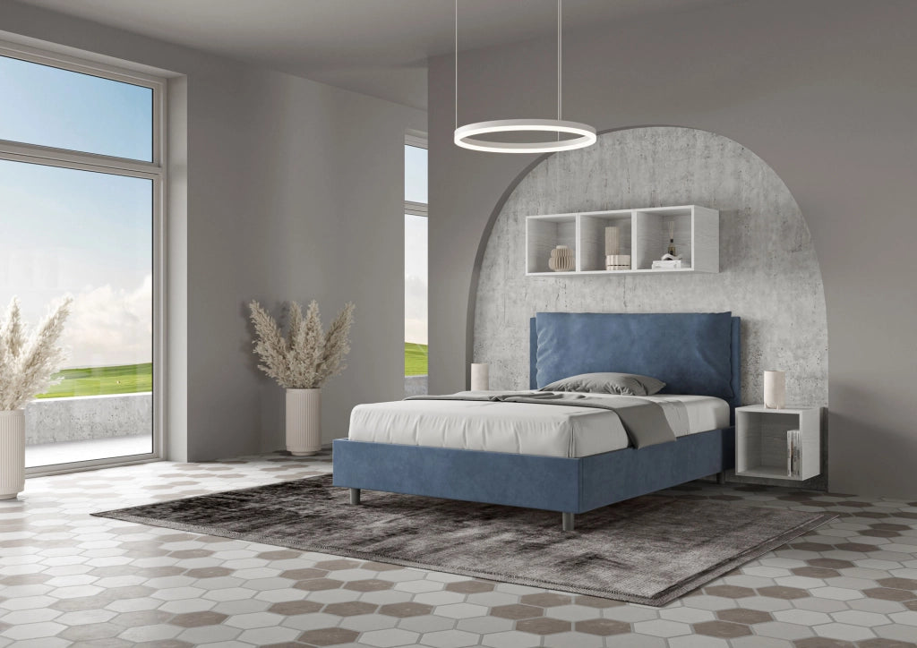 Letto Matrimoniale Francese 140x210 cm con Rete Imbottito in Microfibra Antea Large Blu