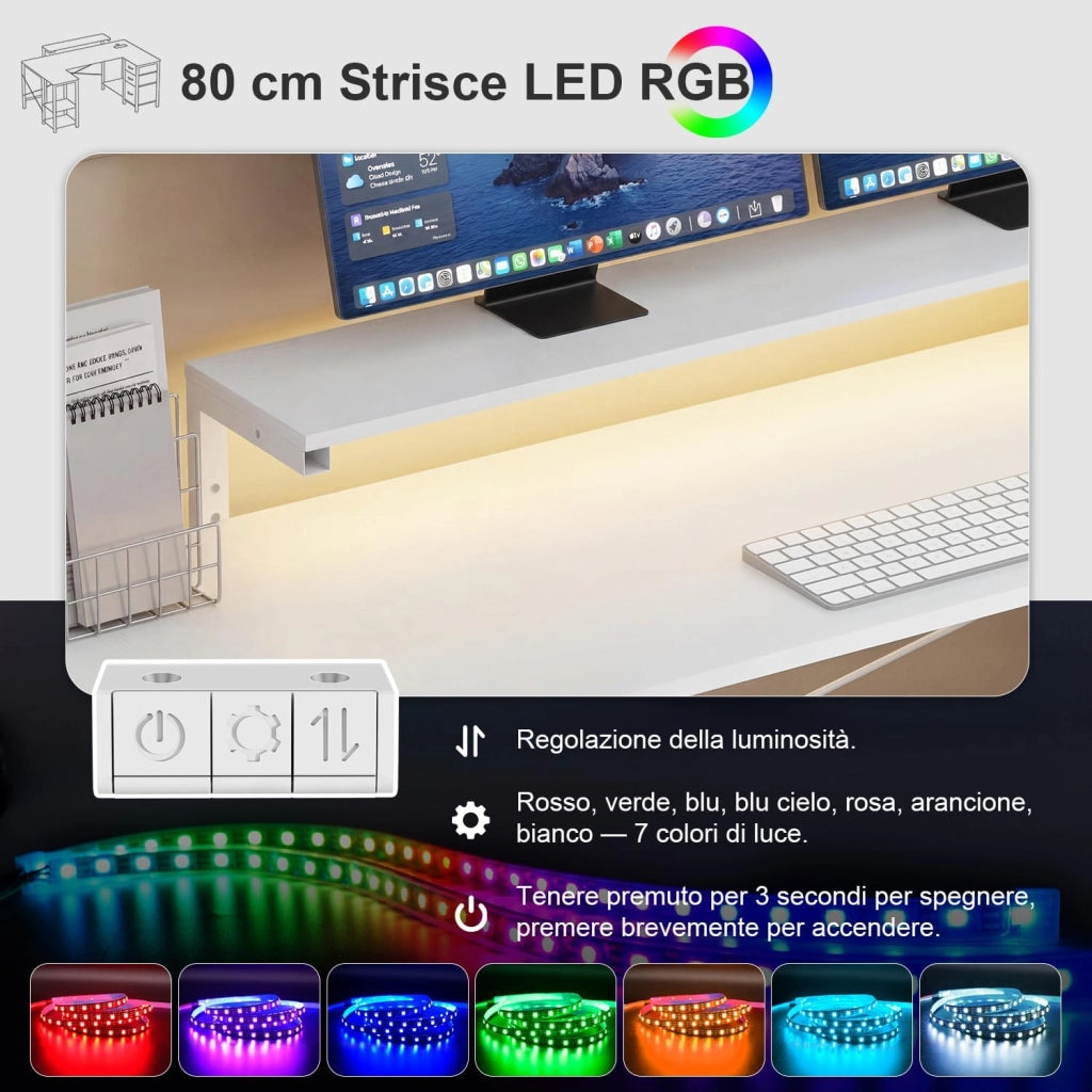 Scrivania Angolare 170x95 cm, Tavolo A L Da Gioco con 3 Cassetti, Illuminazione LED, Supporto Monitor, 2 Prese + 2 USB, Adatta per Ufficio/Studio, Ideale per Camere, Bianca
