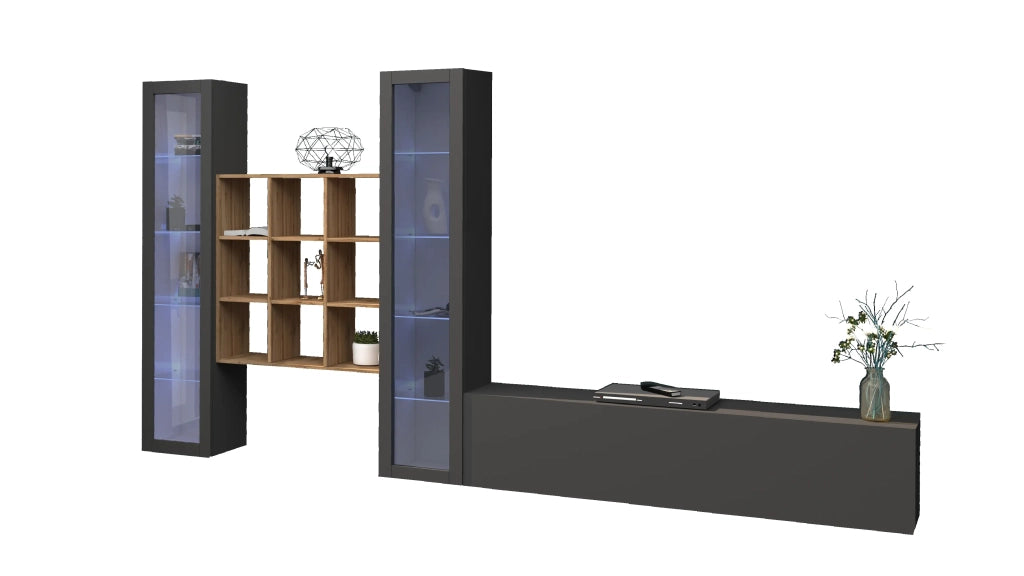 Parete attrezzata antracite TV soggiorno 2 vetrine libreria legno grigia Onir RT