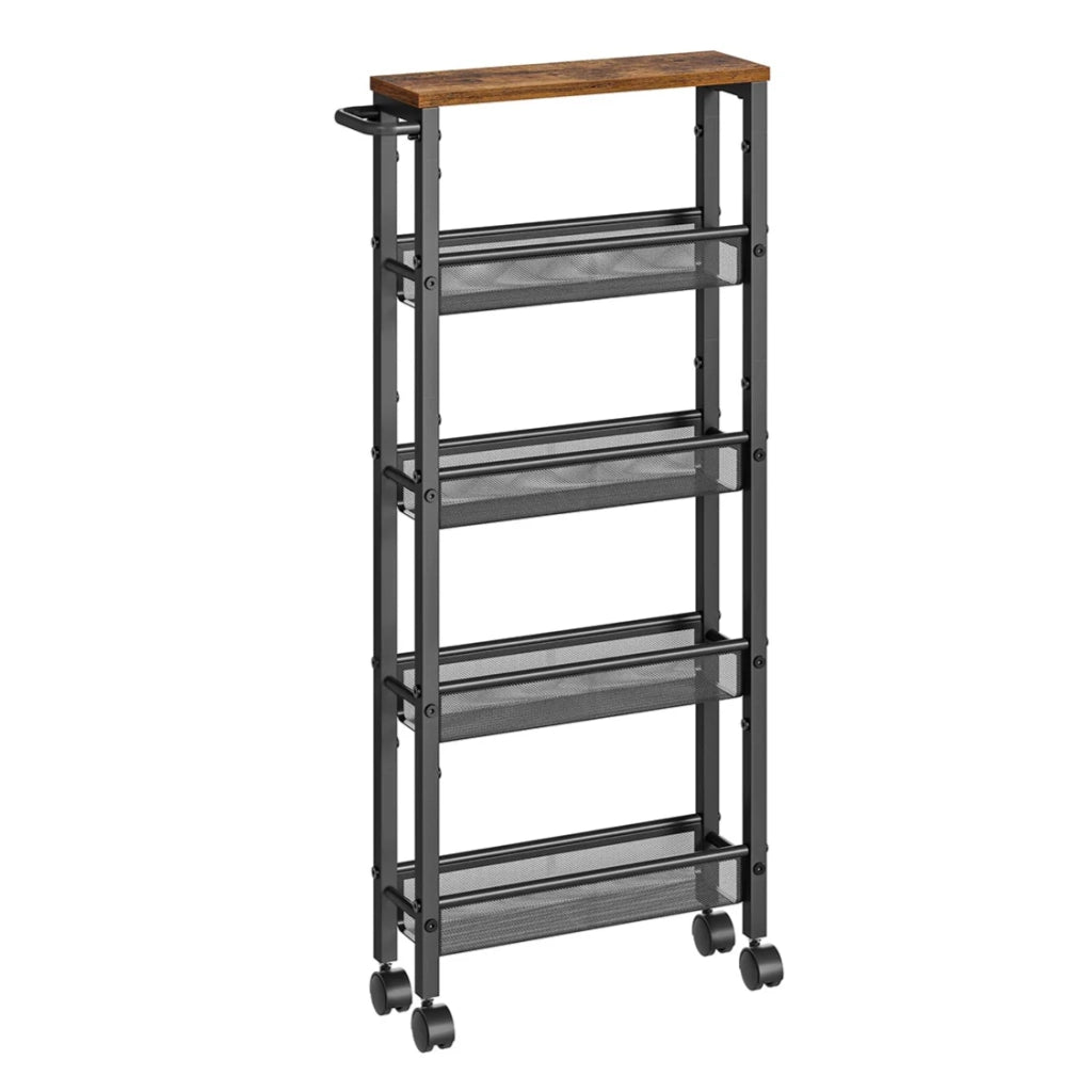 Carrello di servizio ripiano portaoggetti mobile design sottile ruote girevoli a 360° struttura in metallo per cucina soggiorno ufficio marrone rustico e nero 12_0005289