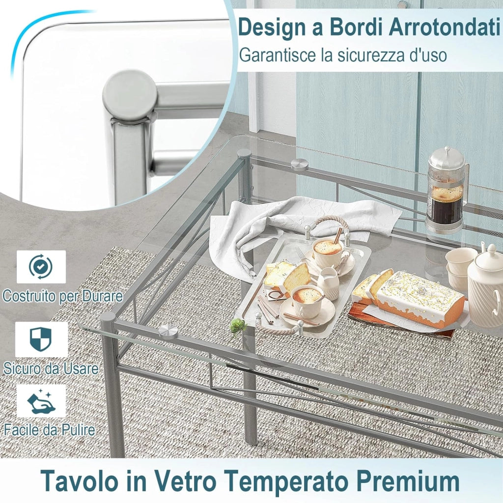 Set Tavolo e Sedie da Pranzo Moderno 5 pezzi, Tavolo Rettangolare da Cucina in Vetro e 4 Sedie con Struttura Metallica Antigraffio, Set di Mobili da Cucina e Sala da Pranzo Salvaspazio