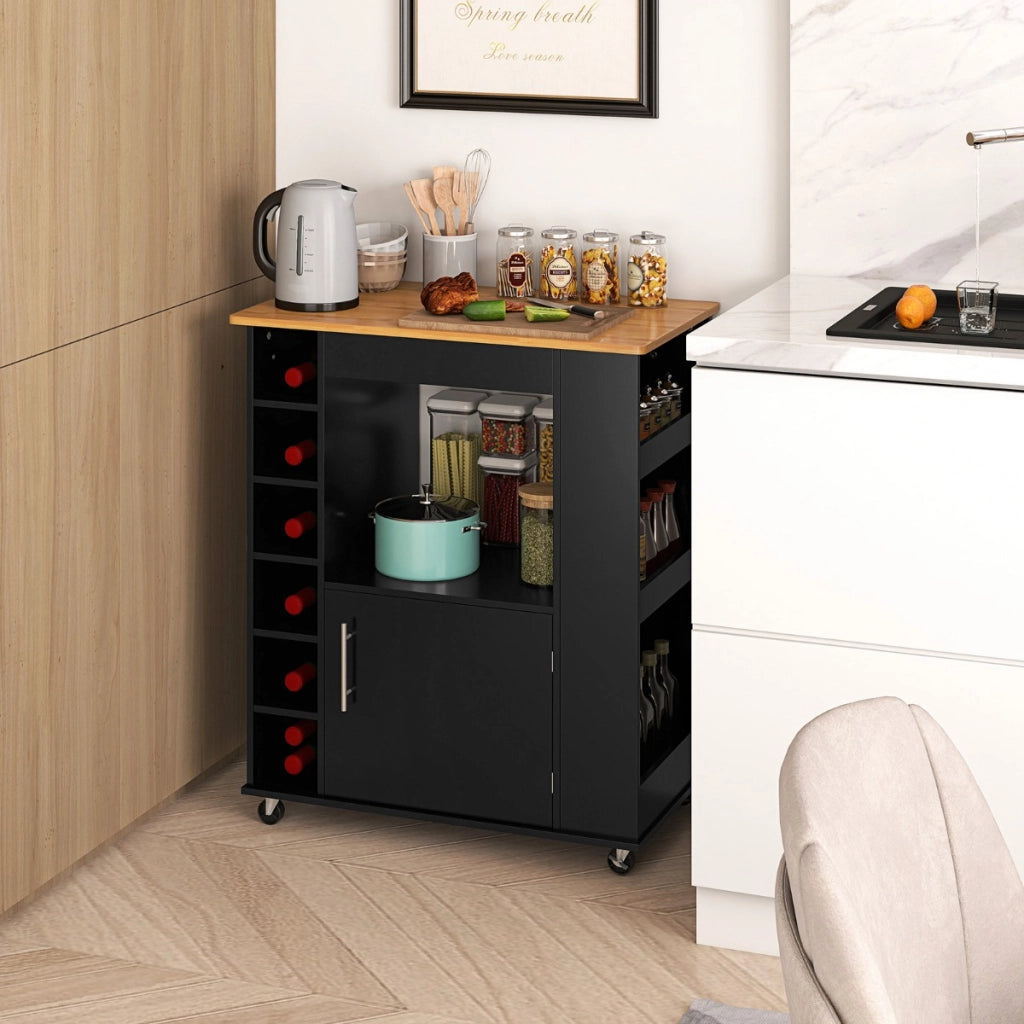 Isola da cucina con ruote e portabottiglie a 6 scomparti piano in bamb¨´, Carrello da cucina 76x44x89cm Nero-Carrelli
