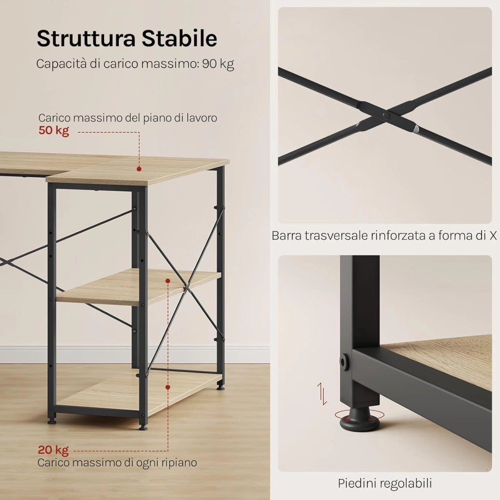 Scrivania Ufficio a L Compatta con Libreria Integrata - Design Salvaspazio per Studio/Camera, 120x73x72 cm, Rovere Naturale e Nero