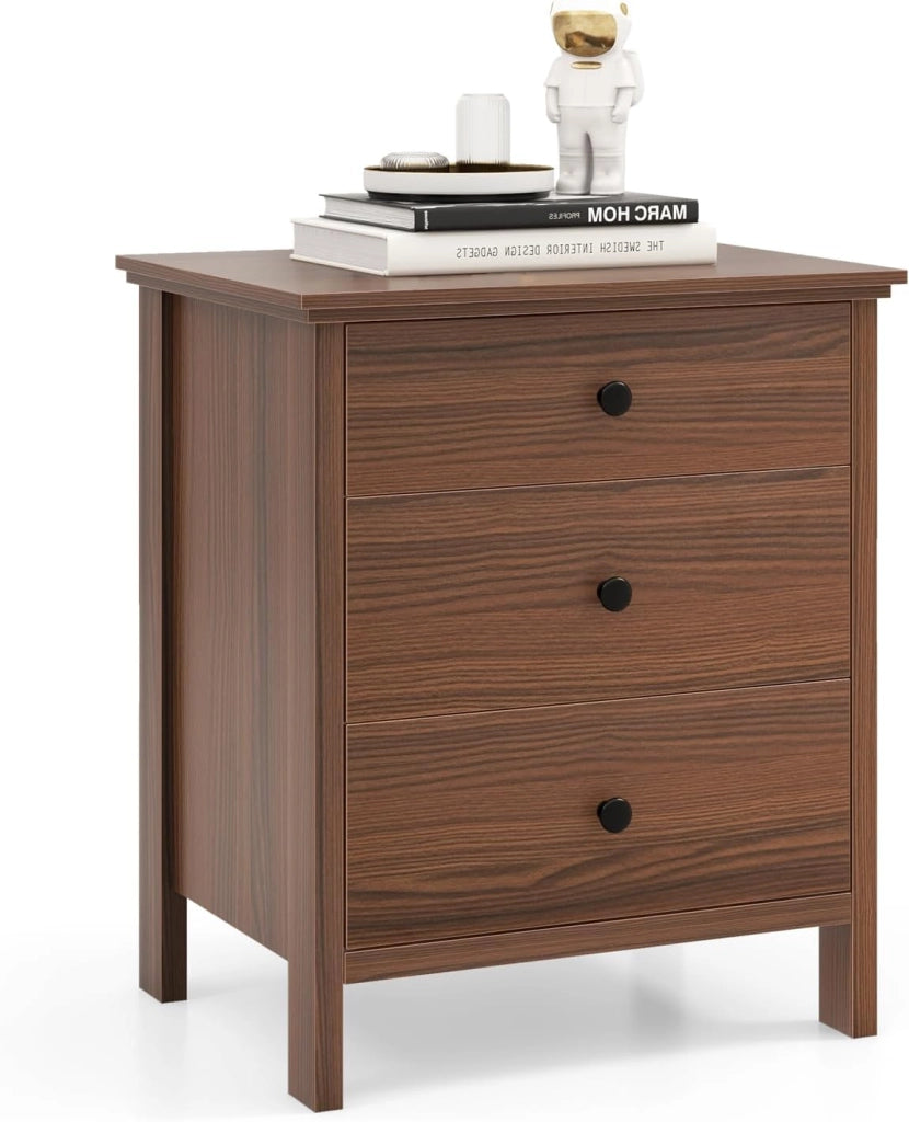 Comodino in legno rosso-marrone, credenza piccola con 3 cassetti, cassettiera autoportante, cassettiera moderna in legno, 56 x 45 x 66 cm