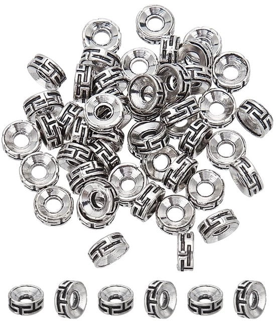 Kralen a distanza 50 pezzi - Piastra rotonda in metallo - 7,5 mm - Stile retro - Argento antico - Per creare gioielli