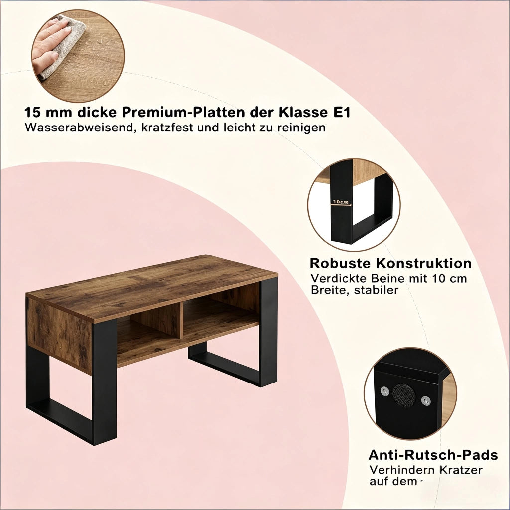 Tavolino basso con 2 vani aperti e piano ampio, per soggiorno, in legno, nero e marrone rustico, 90 × 45 × 45 cm