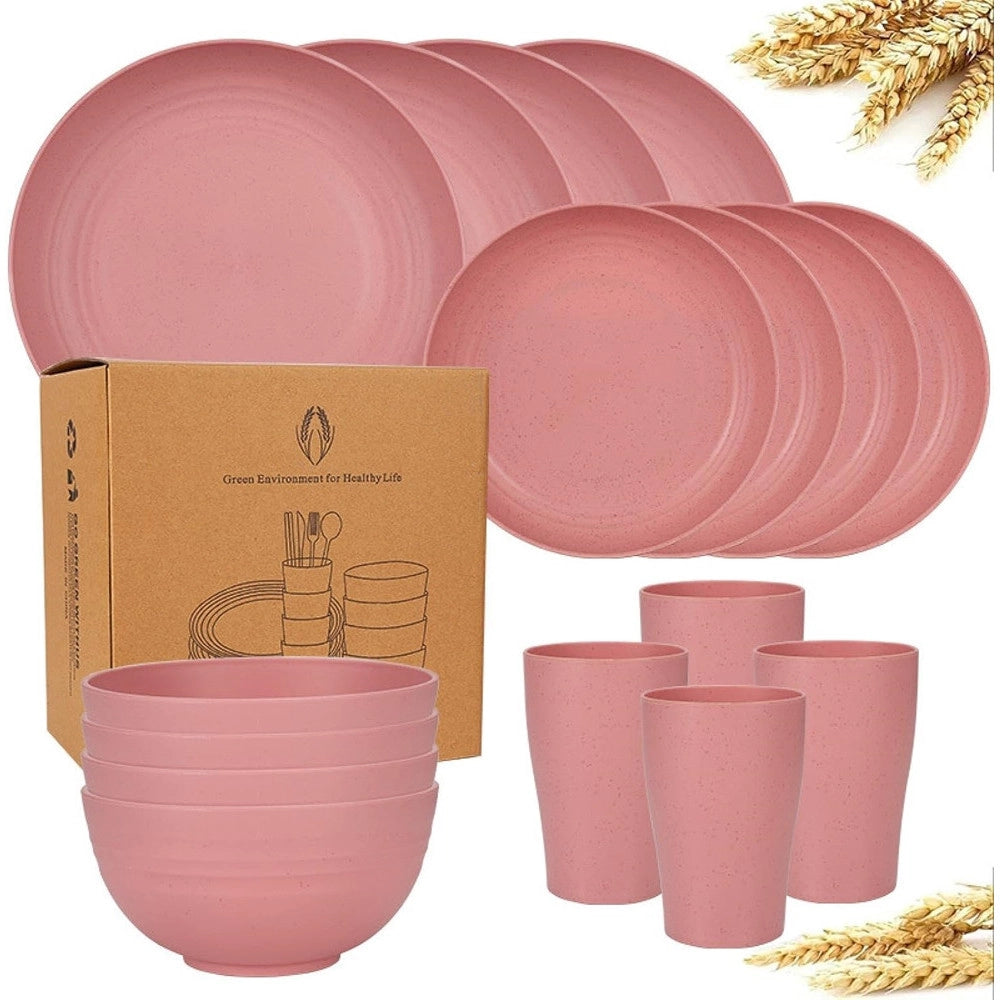 Trade Shop - Set Da 16pz Stoviglie In Paglia Di Grano Ciotole Piatti Infrangibili Posate Riutilizzabili -