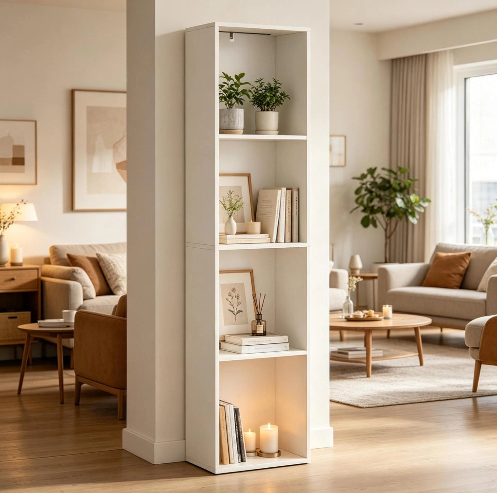 Libreria verticale bianca a 4 ripiani con illuminazione RGB, 40x29x170 cm