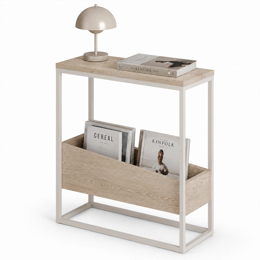 Tavolino Laterale Divano con 2 Ripiani Tavolo Multiuso Bianco e Beige 60x22x62cm