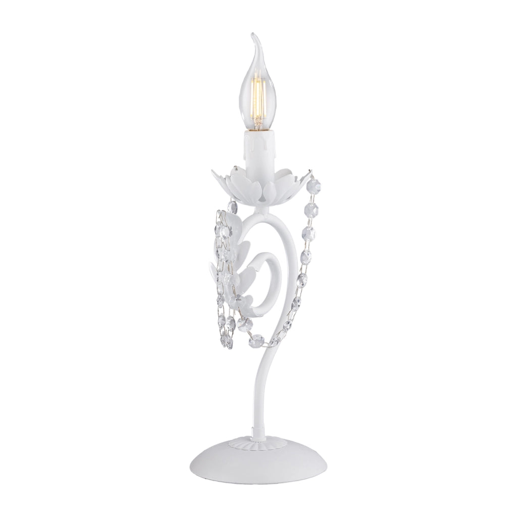 Lumetto Shabby Damasco 1 Luce Ferro Battuto Bianco E Cristalli