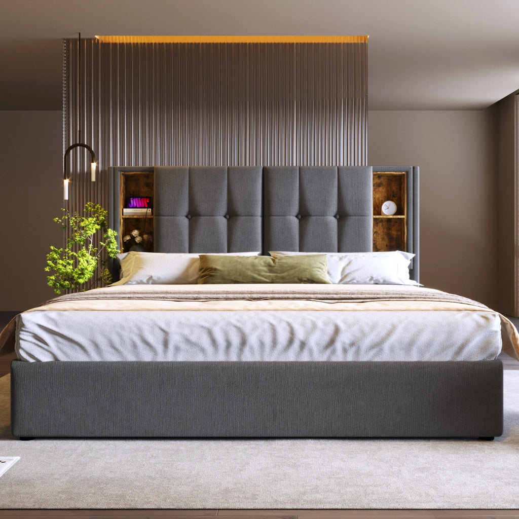 LETTO imbottito 160x200 cm grigio in cotone con ricarica wireless e USB
