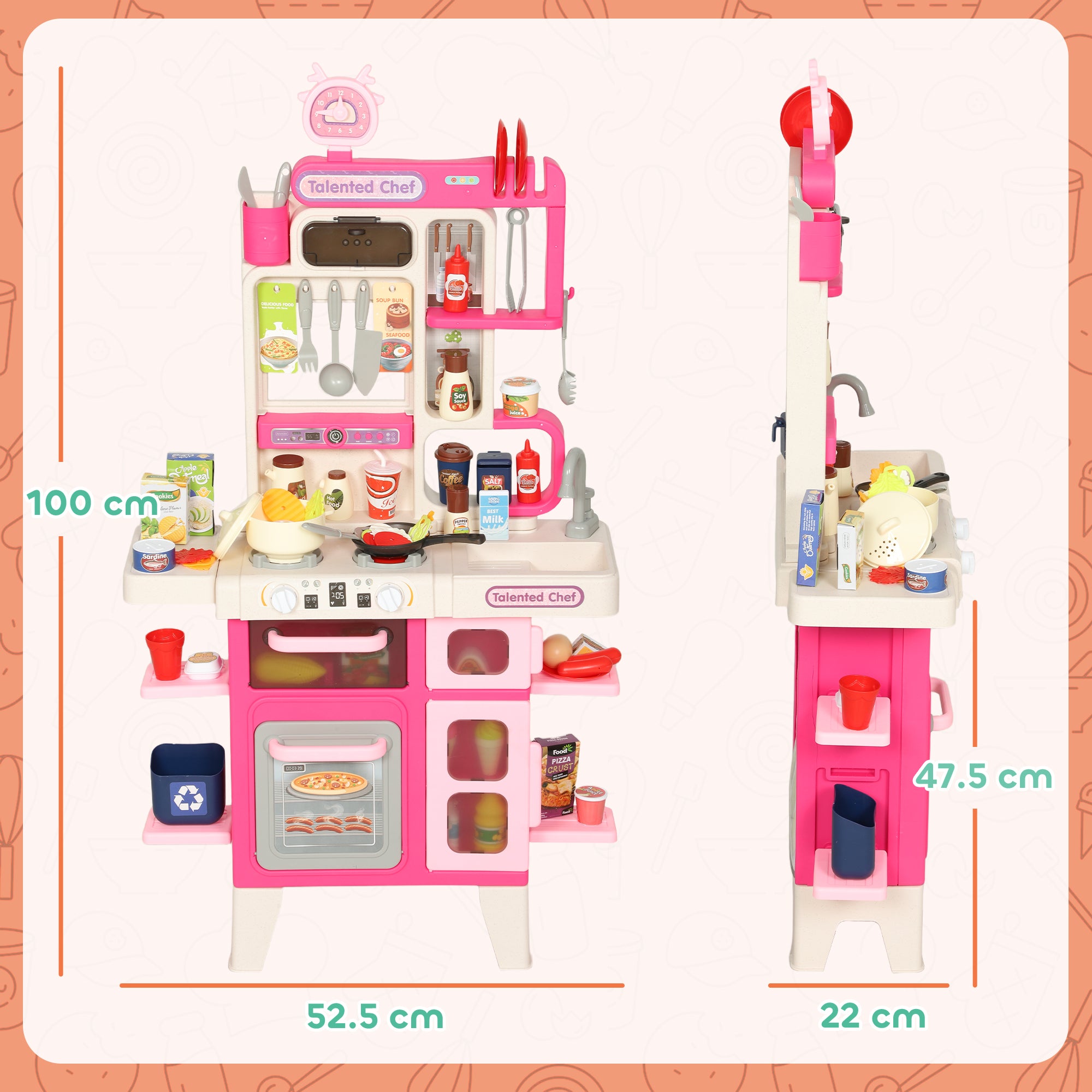 Cucina Giocattolo per Bambini 3-6 Anni con 104 Accessori 52,5x22x100 cm in PP e PE Rosa