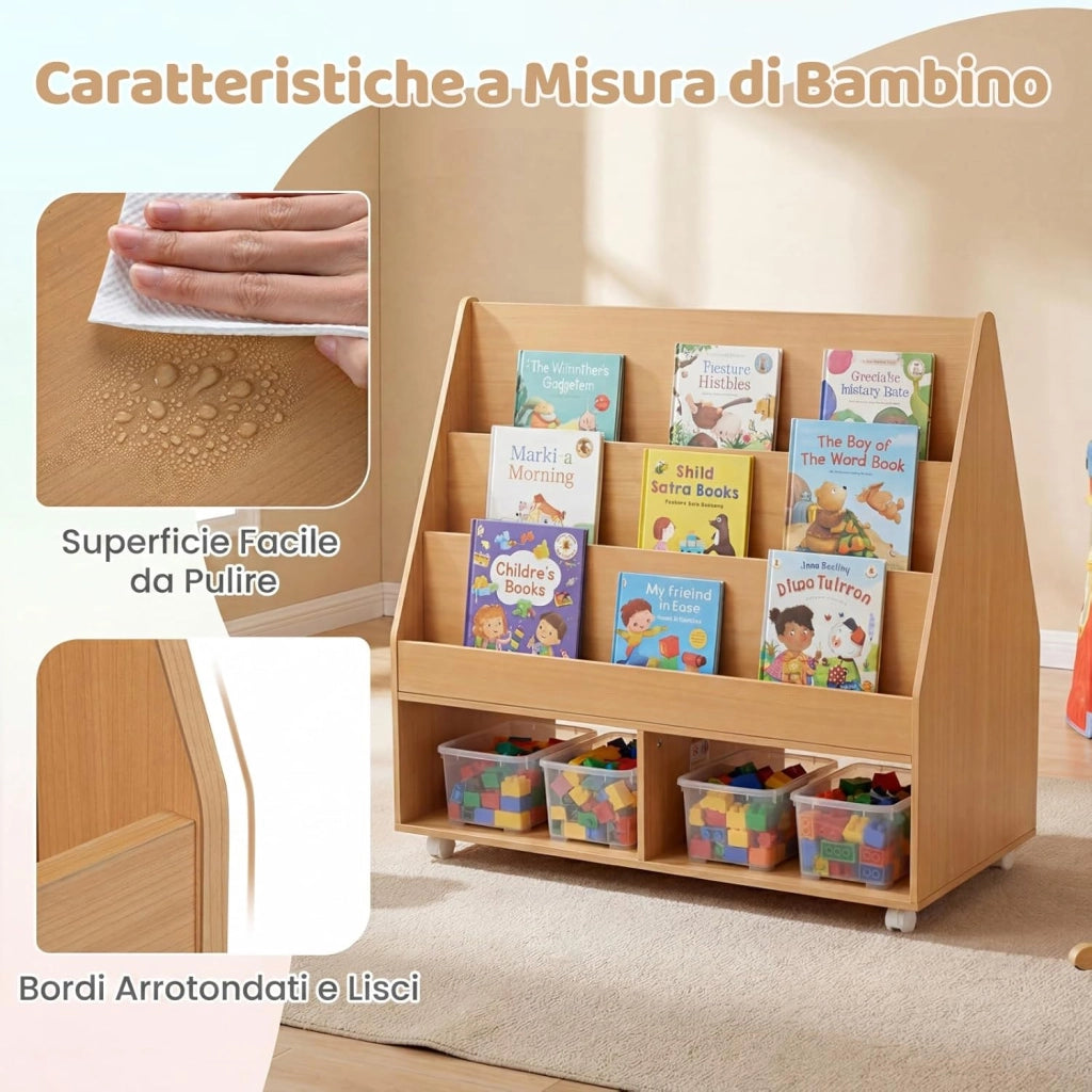 Libreria Montessoriana per Bambini, Scaffale per Giocattoli in Legno con Lavagna e 5 Ruote, Libreria a 3 Ripiani e Scomparti, per Cameretta e Asilo Nido, 90 x 45,5 x 87 cm (Naturale)