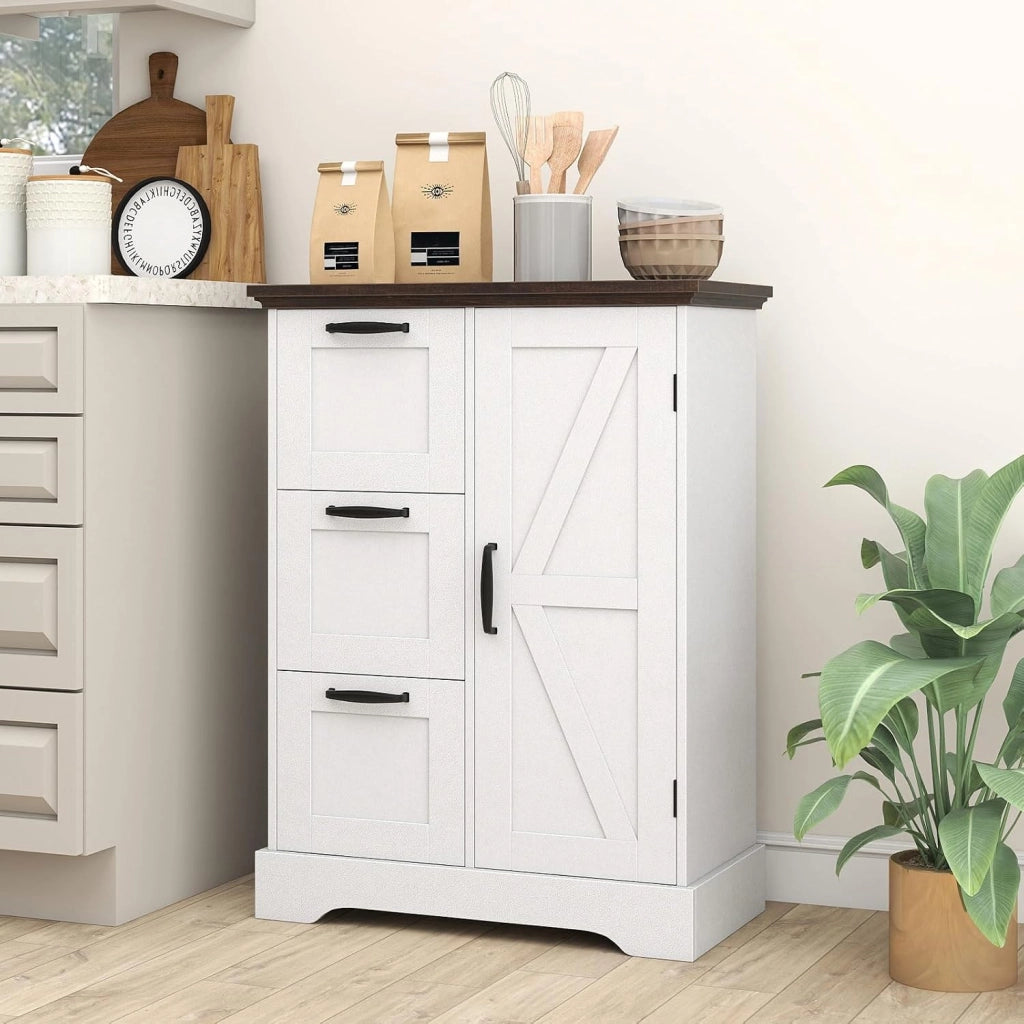 Credenza Cucina con 3 Cassetti e Armadio con Ante, Mobile Cucina Dispensa con Kit Antiribaltamento, Mobiletto Cucina, per Soggiorno, Sala da Pranzo, 60 x 30 x 80 cm (Bianco)