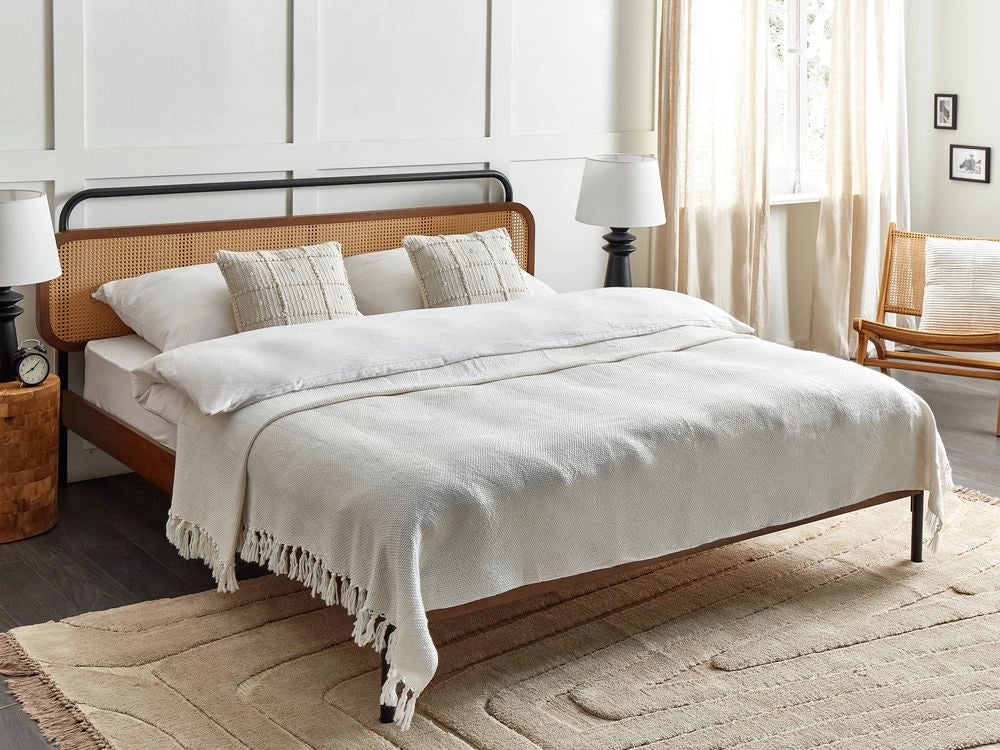 Coperta tessuta a mano con frange 200 x 220 cm bianco crema stile classico morbida letto divano