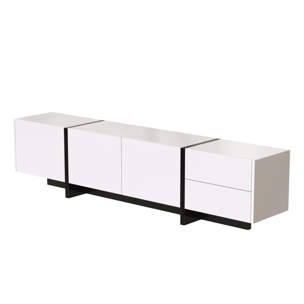 Mobile TV con 3 Ante e 2 Cassetti; Bianco Lucido con Piedini Neri; Soggiorno; 190??35??45 cm; Pannello Truciolare