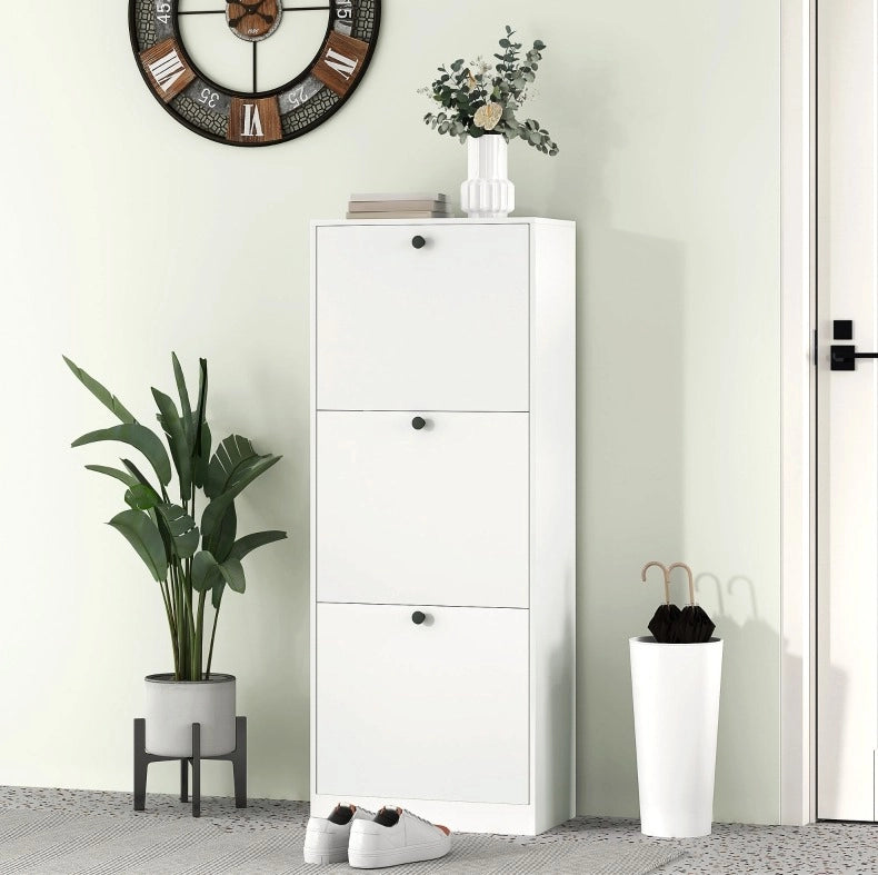 Scarpiera slim bianca a 3 ante ribalta, 47 x 26 x 120 cm