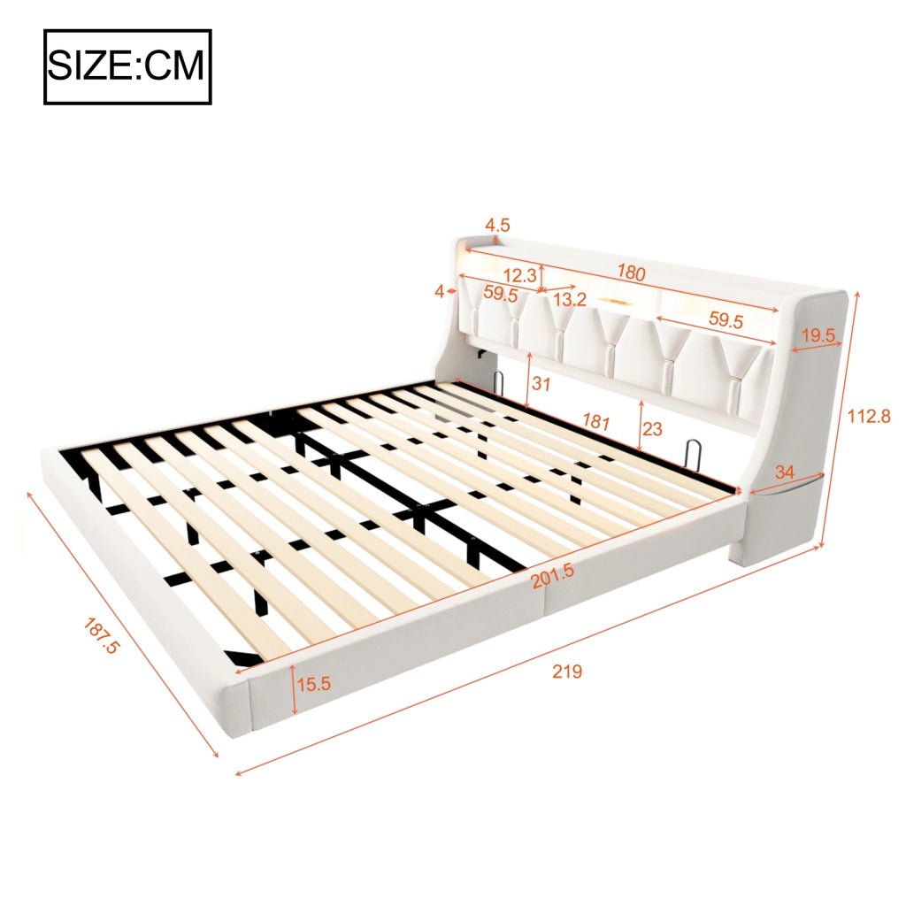 Letto Matrimoniale 180x200 cm con USB; Tipo C; LED; Testiera Contenitore in Velluto Beige