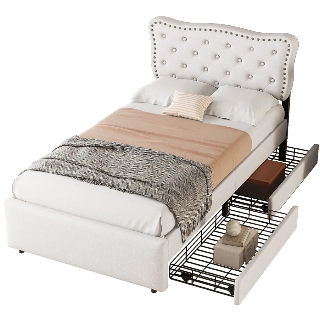 Letto imbottito 90x200 cm con 2 cassetti, beige chiaro