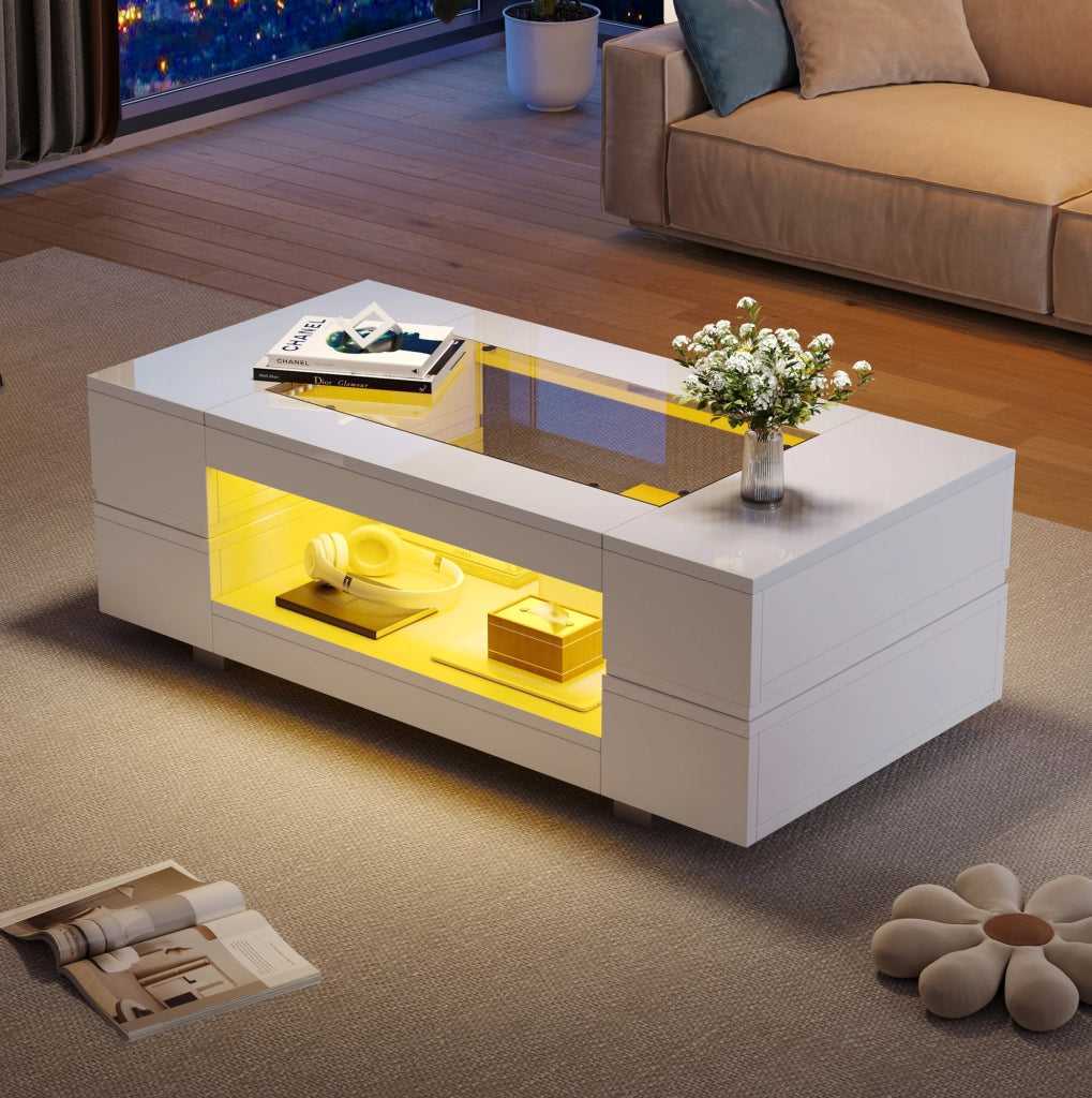 Tavolino da salotto 100x50x35 cm; LED con controllo da app; truciolato bianco