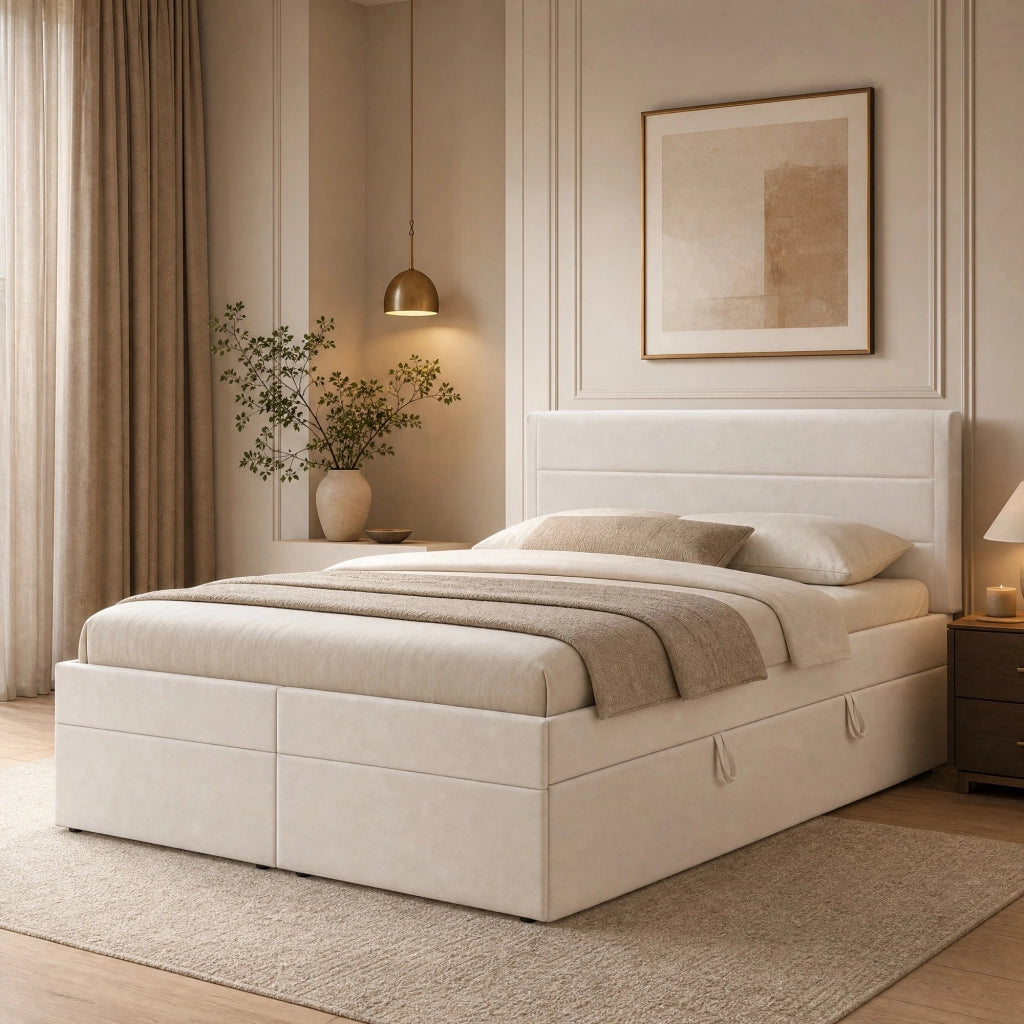 LETTO Matrimoniale 140x200 cm Beige con contenitore e rete sollevabile