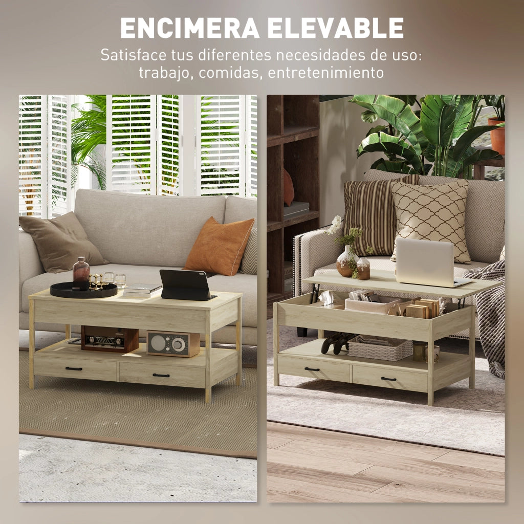 Tavolino da caff¨¨ elevabile con cassetti e ripiano ¨C Xylo ¨C Rovere 100x50x48-62 cm