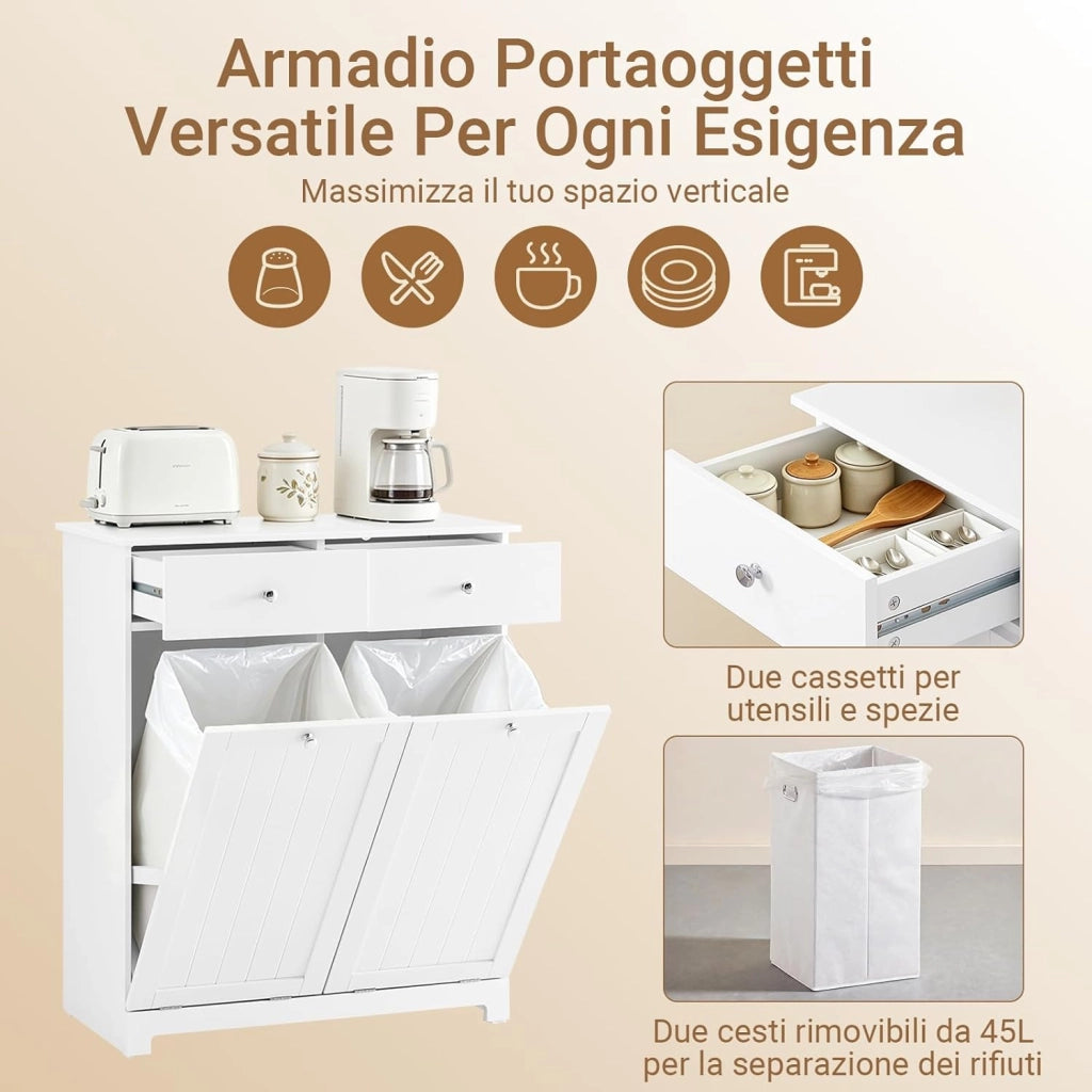 Mobile Spazzatura da Cucina con Pattumiera Integrata Armadietto Raccolta Differenziata con 2 Cassetti e 2 Sacchi da 45L Mobiletto Salvaspazio con Chiusura Silenziosa Bianco 78x38x90cm BZR33-II-W