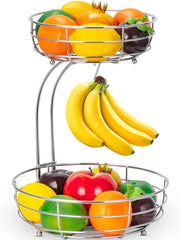 Fruitiera Moderna con Custodia delle Banane - Mandola Decorativa per Verdure - 2 Livelli - Argento - Metallo