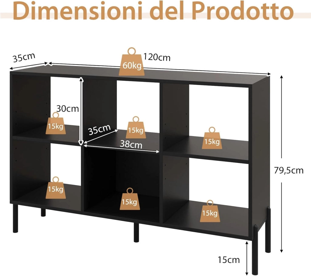 Scaffale a 6 Cubi, Libreria Aperta in Legno con Gambe Metalliche, Ripiani Regolabili in 5 Posizioni, Dispositivo Antiribaltamento, Scaffale per Casa e Ufficio, 120 x 35 x 79,5 cm (Nero)