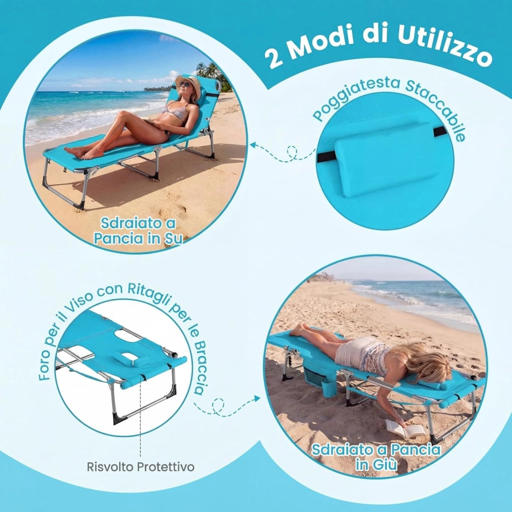 Lettino Prendisole Pieghevole Portatile, Lettino da Spiaggia con Fori per Viso e Braccia, Cuscino Poggiatesta e Tasca, Schienale Regolabile, per Mare e Piscina, Portata 180 kg (Turchese)